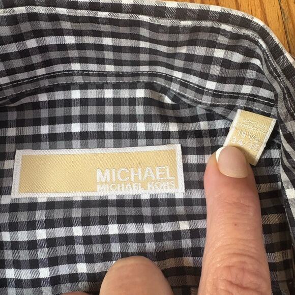Michael Kors black white check regular fit long sleeve button up shirt SIZE 15.5 - Picture 3 of 4